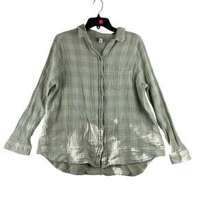 Sonoma Gauzey Green Cream Plaid Long Sleeve Button Front Women's PXL 100% Cotton